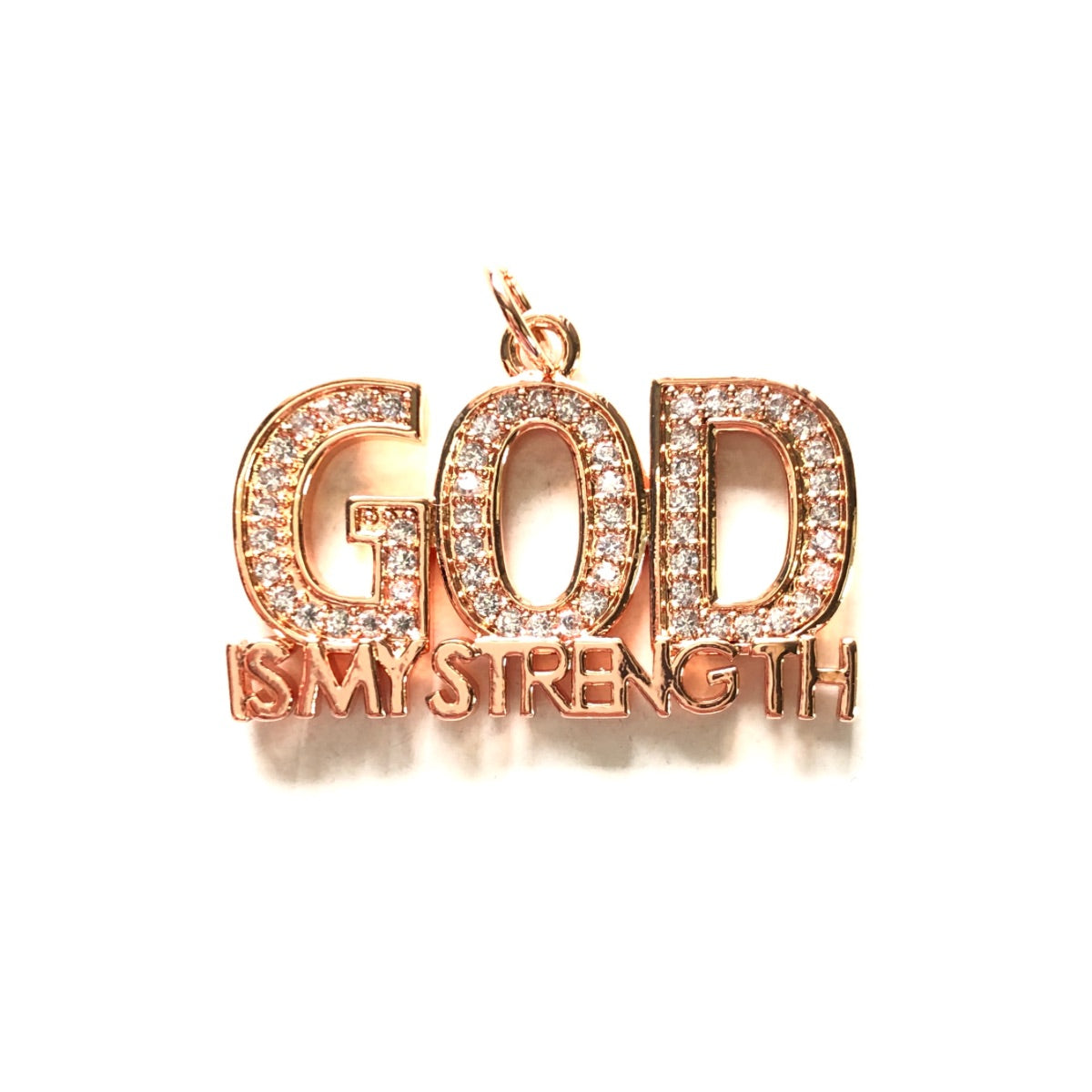 10pcs/lot CZ Paved God Is My Strength Word Charms Rose Gold CZ Paved Charms Christian Quotes New Charms Arrivals Charms Beads Beyond