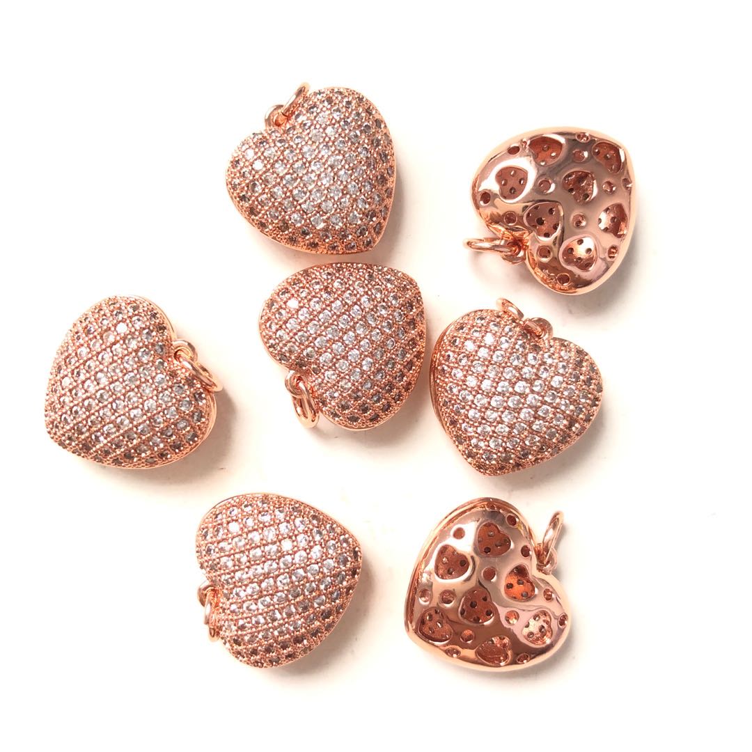 10pcs/lot 15.6*15.2mm Small Size CZ Paved 3D Heart Charms Rose Gold CZ Paved Charms Hearts On Sale Charms Beads Beyond