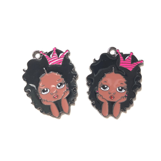 10pcs/lot Cute Little Black Girl Charm Fuchsia-10pcs Enamel Afro Charms On Sale Charms Beads Beyond
