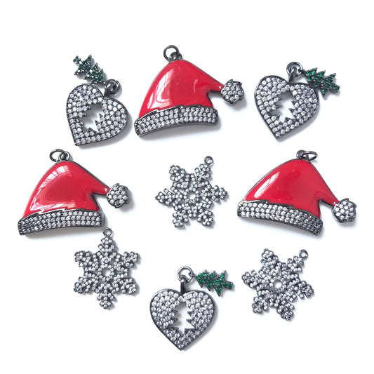 9pcs/lot Mix Santa Hat, Snowflakes, Christmas Tree Charms Set-Black CZ Paved Charms Christmas Charms Beads Beyond