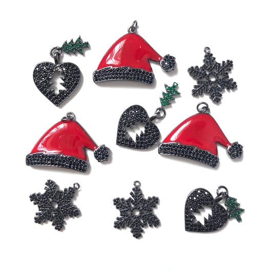 9pcs/lot Mix Santa Hat, Snowflakes, Christmas Tree Charms Set-Black on Black CZ Paved Charms Christmas Charms Beads Beyond