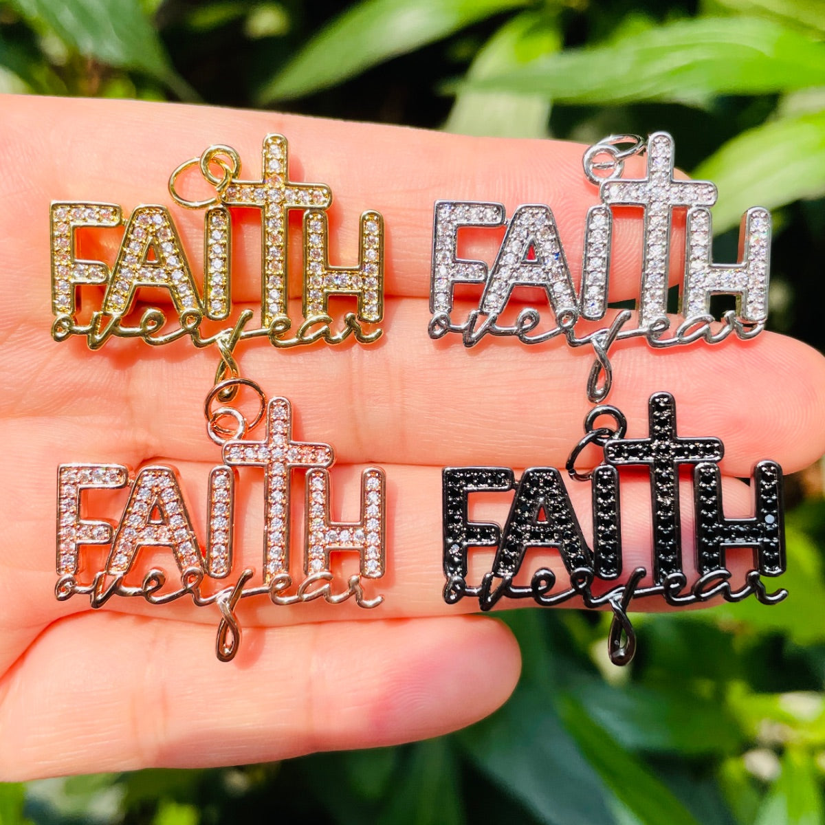 10pcs/lot CZ Paved Faith Over Fear Word Charms Mix Colors CZ Paved Charms Christian Quotes New Charms Arrivals Charms Beads Beyond
