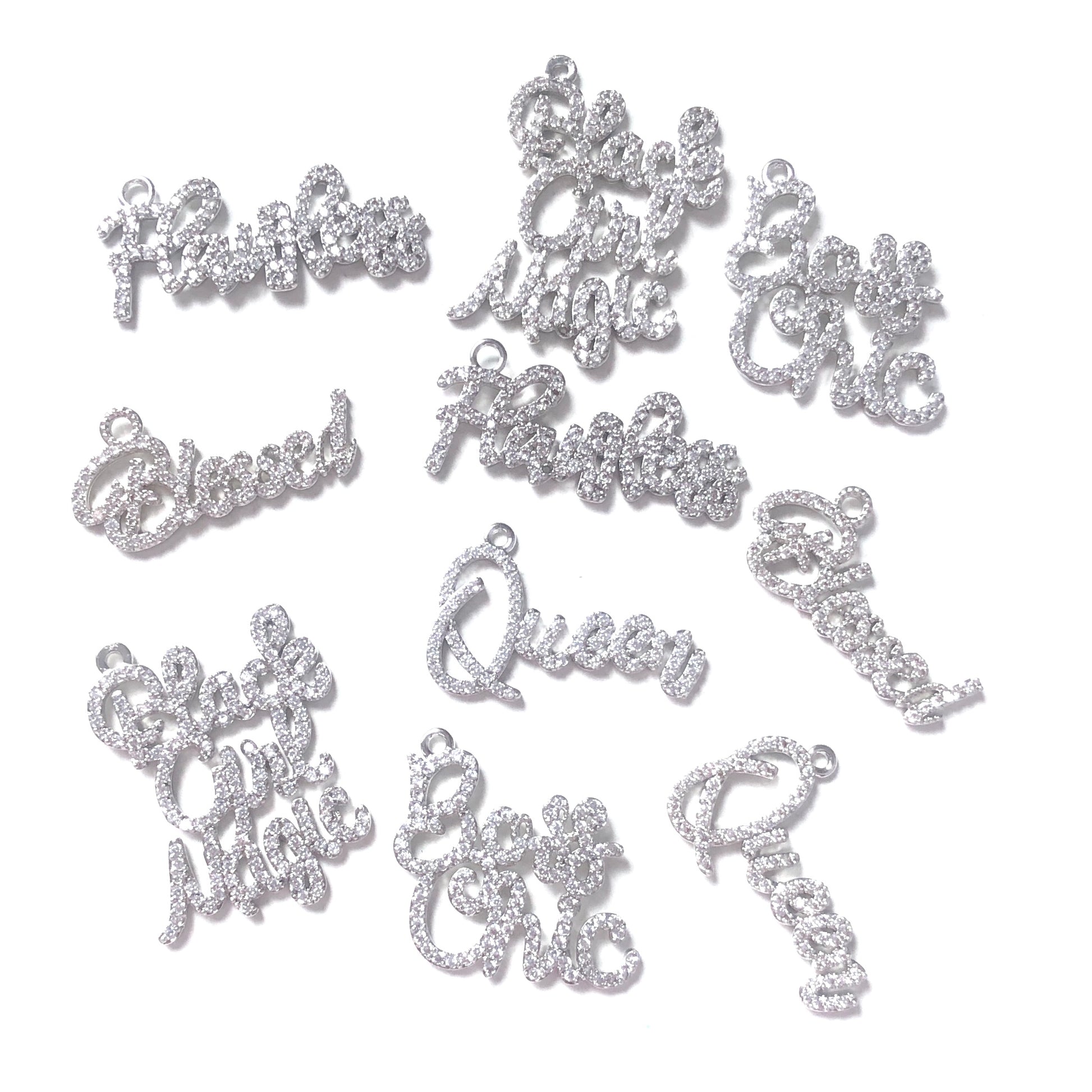 10pcs/lot Mix Word Charms Set-Silver CZ Paved Charms Mix Charms Charms Beads Beyond