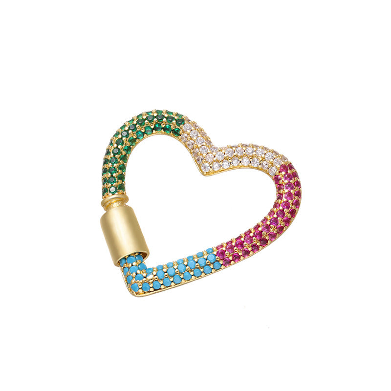 10pcs/lot 33*34mm CZ Paved Heart Screw Clasp / Connectors / Pendants Multicolor on Gold Accessories Colorful Zirconia Charms Beads Beyond