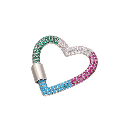 10pcs/lot 33*34mm CZ Paved Heart Screw Clasp / Connectors / Pendants Multicolor on Silver Accessories Colorful Zirconia Charms Beads Beyond