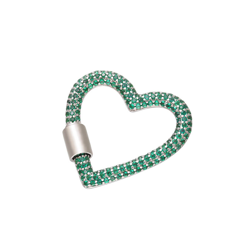 10pcs/lot 33*34mm CZ Paved Heart Screw Clasp / Connectors / Pendants Green on Silver Accessories Colorful Zirconia Charms Beads Beyond