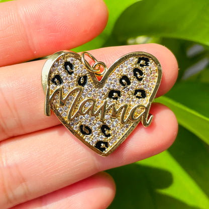 10pcs/lot CZ Paved Leopard Print Mom Heart Charms for Mother's Day CZ Paved Charms Hearts Leopard Printed Mother's Day New Charms Arrivals Charms Beads Beyond