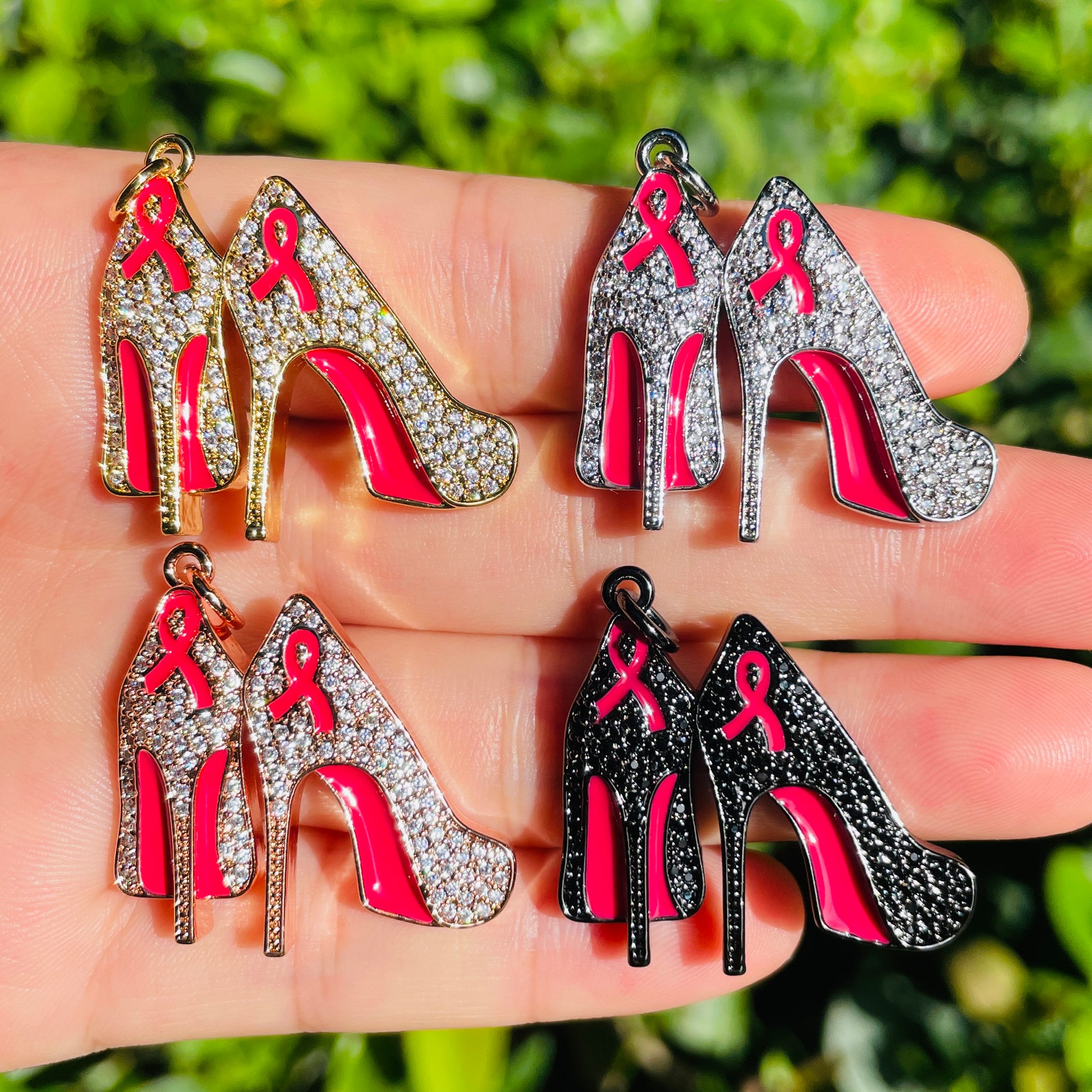 10pcs/lot CZ Pave Pink Ribbon High Heels Charms - Breast Cancer Awareness Mix Colors CZ Paved Charms Breast Cancer Awareness High Heels New Charms Arrivals Charms Beads Beyond