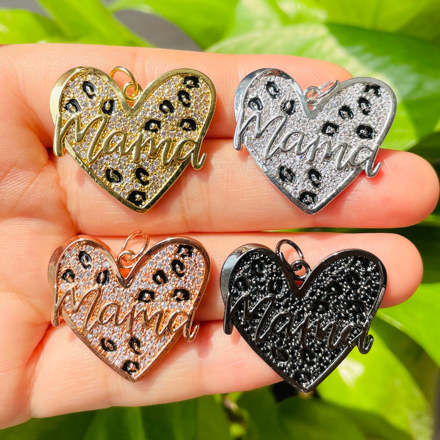 10pcs/lot CZ Paved Leopard Print Mom Heart Charms for Mother's Day CZ Paved Charms Hearts Leopard Printed Mother's Day New Charms Arrivals Charms Beads Beyond