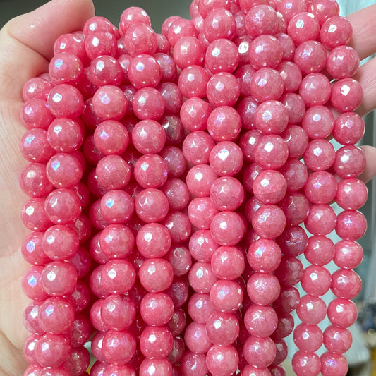 2 strands/lot 10mm Electroplated AB Pink Faceted Jade Stone Beads Electroplated Beads Breast Cancer Awareness Electroplated Faceted Jade Beads New Beads Arrivals Charms Beads Beyond