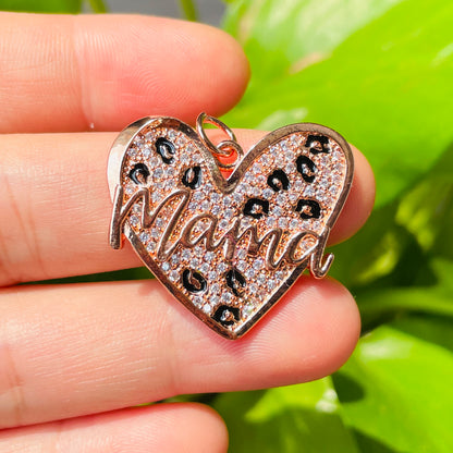 10pcs/lot CZ Paved Leopard Print Mom Heart Charms for Mother's Day CZ Paved Charms Hearts Leopard Printed Mother's Day New Charms Arrivals Charms Beads Beyond