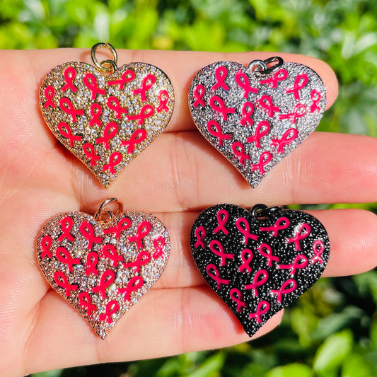 10pcs/lot CZ Pave Pink Ribbon Heart Charms - Breast Cancer Awareness Mix Colors CZ Paved Charms Breast Cancer Awareness Hearts New Charms Arrivals Charms Beads Beyond