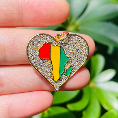 10pcs/lot 27.6*26mm Enamel Africa Map CZ Pave Heart Charms for Black History Month Juneteenth Awareness CZ Paved Charms Hearts Juneteenth & Black History Month Awareness New Charms Arrivals Charms Beads Beyond