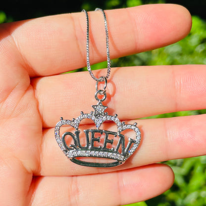 5pcs/lot 18/20inch Box Chain CZ Pave Crown Queen Neckalce Silver Necklaces Charms Beads Beyond