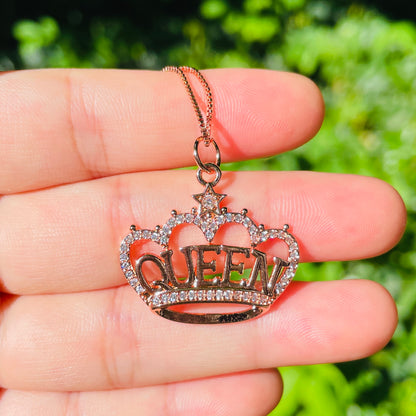 5pcs/lot 18/20inch Box Chain CZ Pave Crown Queen Neckalce Rose Gold Necklaces Charms Beads Beyond