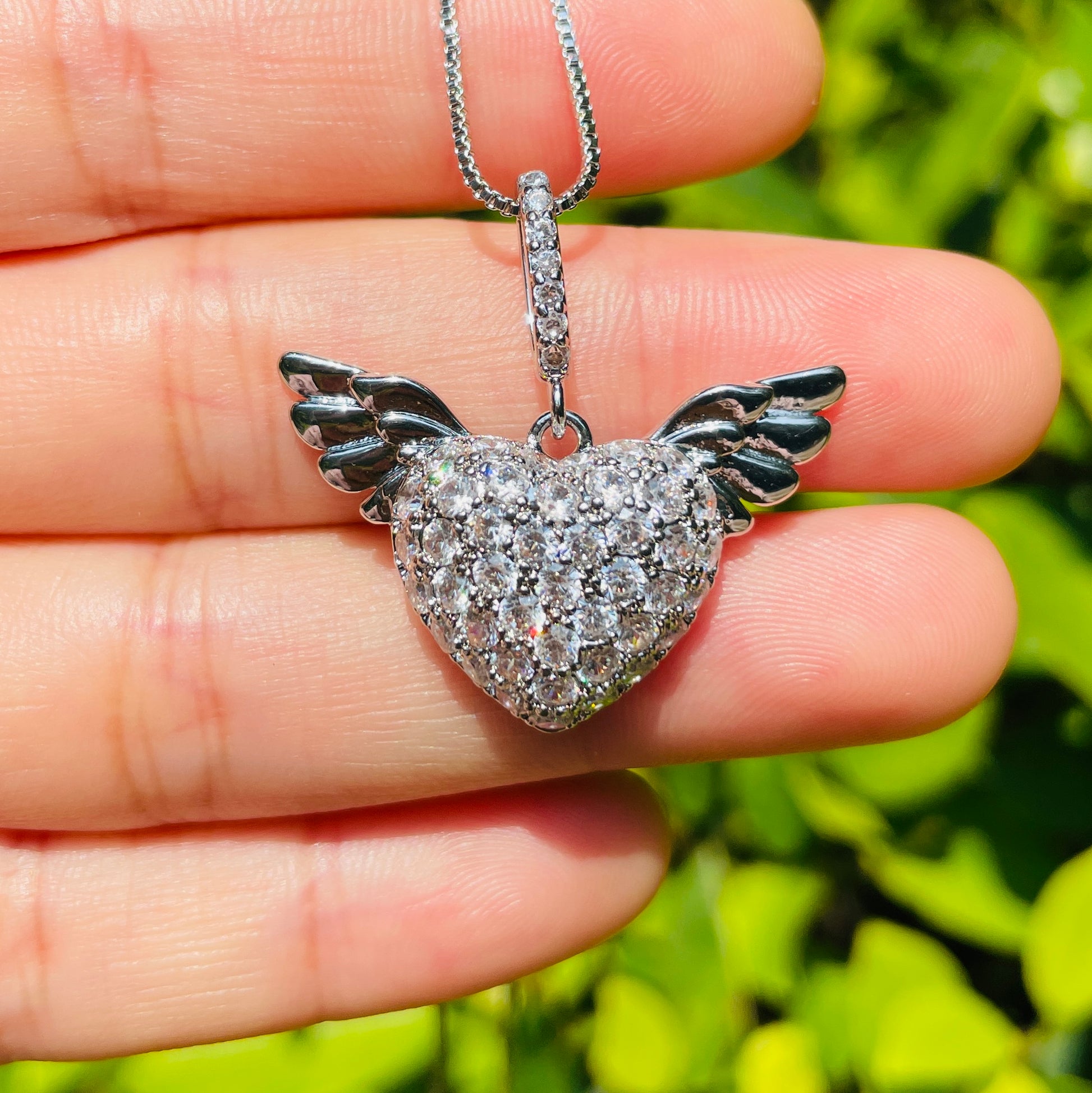5pcs/lot 29.2*18.6mm CZ Pave Angel Wing Heart Necklaces Silver Necklaces Love & Heart Necklaces Charms Beads Beyond