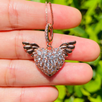 5pcs/lot 29.2*18.6mm CZ Pave Angel Wing Heart Necklaces Rose Gold Necklaces Love & Heart Necklaces Charms Beads Beyond