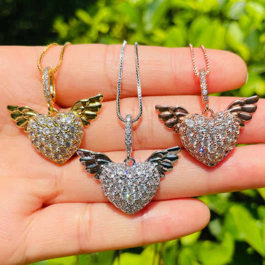 5pcs/lot 29.2*18.6mm CZ Pave Angel Wing Heart Necklaces Mix Colors Necklaces Love & Heart Necklaces Charms Beads Beyond