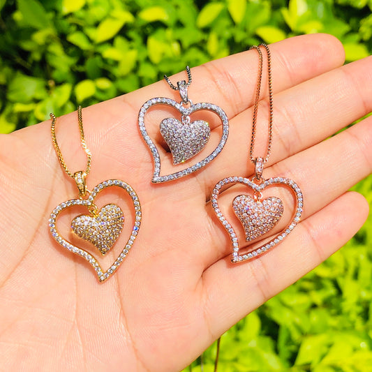 5pcs/lot 25.5*24mm CZ Paved Double Heart Necklace Necklaces Charms Beads Beyond