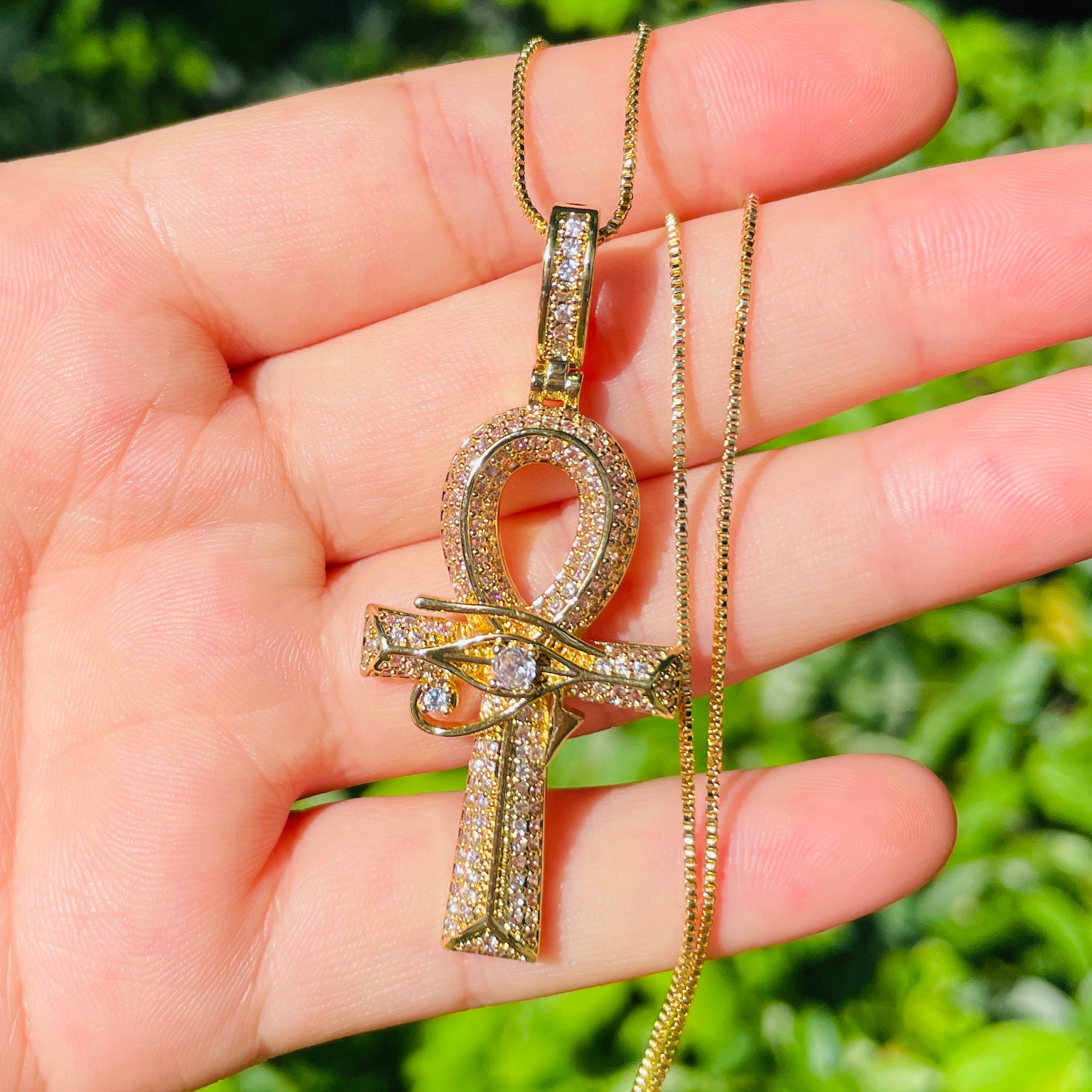 White Gold Egyptian Ankh Cross Charm Necklace