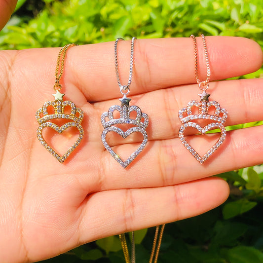5pcs/lot 23.5*15.7mm CZ Paved Crown Heart Necklace Necklaces Love & Heart Necklaces Charms Beads Beyond