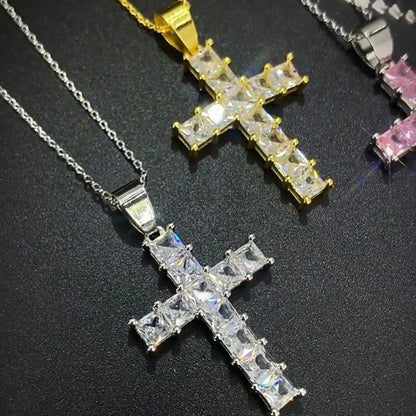 5pcs/lot 18inch Gold Silver Plated Clear Pink CZ Pave Cross Necklace Necklaces Charms Beads Beyond