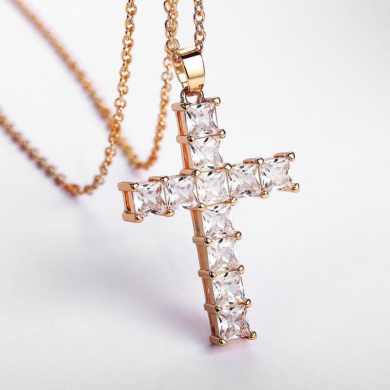 5pcs/lot 18inch Gold Silver Plated Clear Pink CZ Pave Cross Necklace Clear on Gold Necklaces Charms Beads Beyond