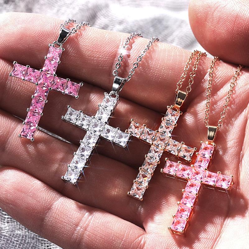 5pcs/lot 18inch Gold Silver Plated Clear Pink CZ Pave Cross Necklace Necklaces Charms Beads Beyond