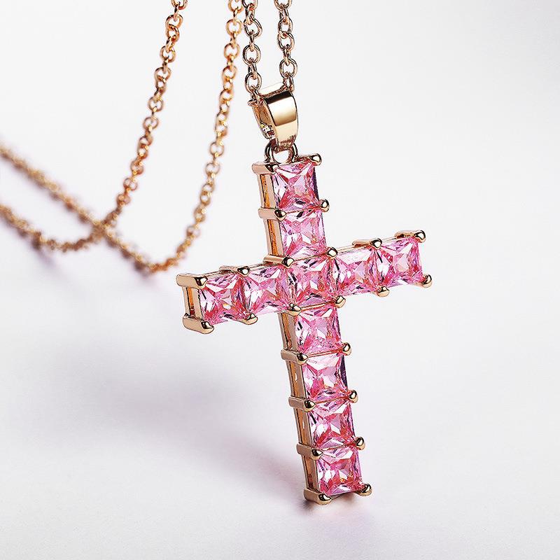 5pcs/lot 18inch Gold Silver Plated Clear Pink CZ Pave Cross Necklace Pink on Gold Necklaces Charms Beads Beyond