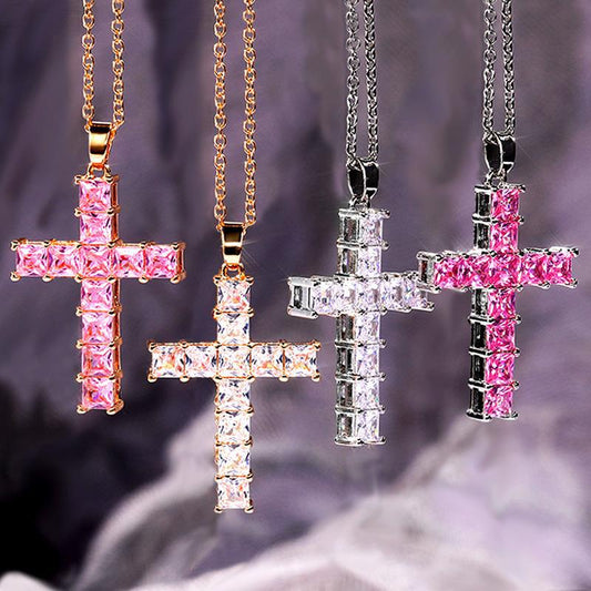 5pcs/lot 18inch Gold Silver Plated Clear Pink CZ Pave Cross Necklace Mix Colors Necklaces Charms Beads Beyond