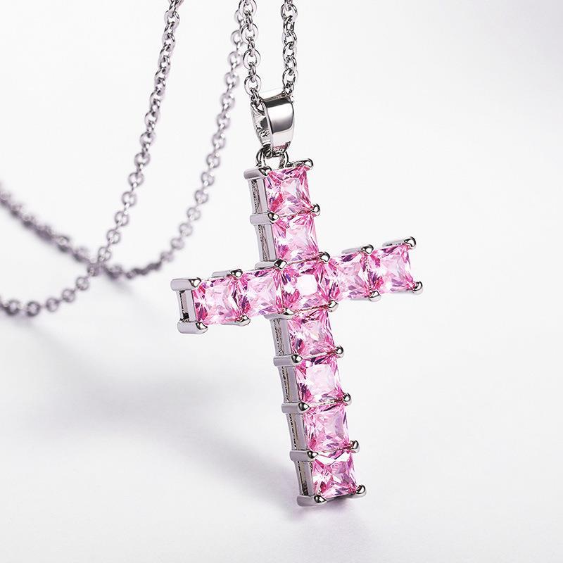 5pcs/lot 18inch Gold Silver Plated Clear Pink CZ Pave Cross Necklace Pink on Silver Necklaces Charms Beads Beyond