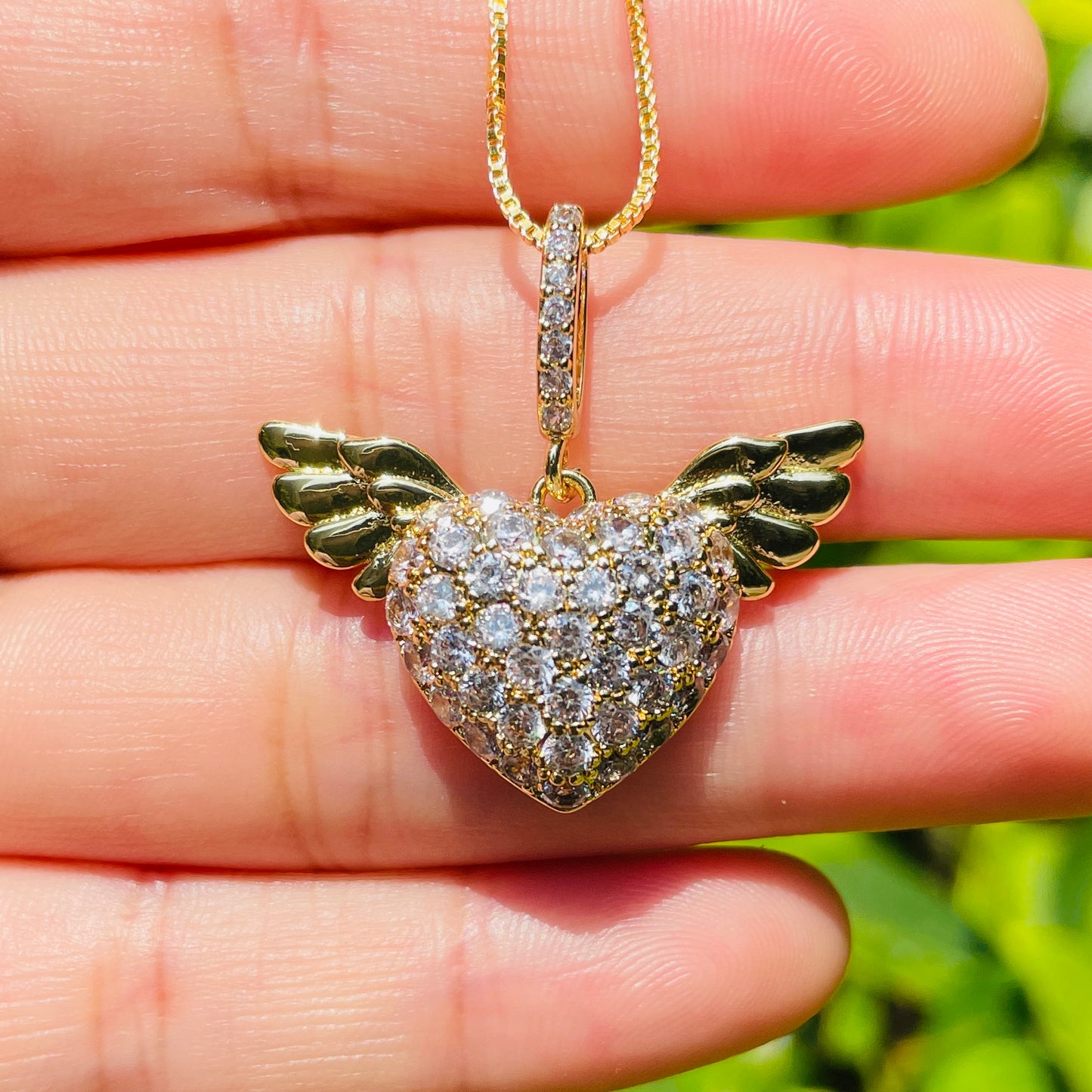 5pcs/lot 29.2*18.6mm CZ Pave Angel Wing Heart Necklaces Gold Necklaces Love & Heart Necklaces Charms Beads Beyond