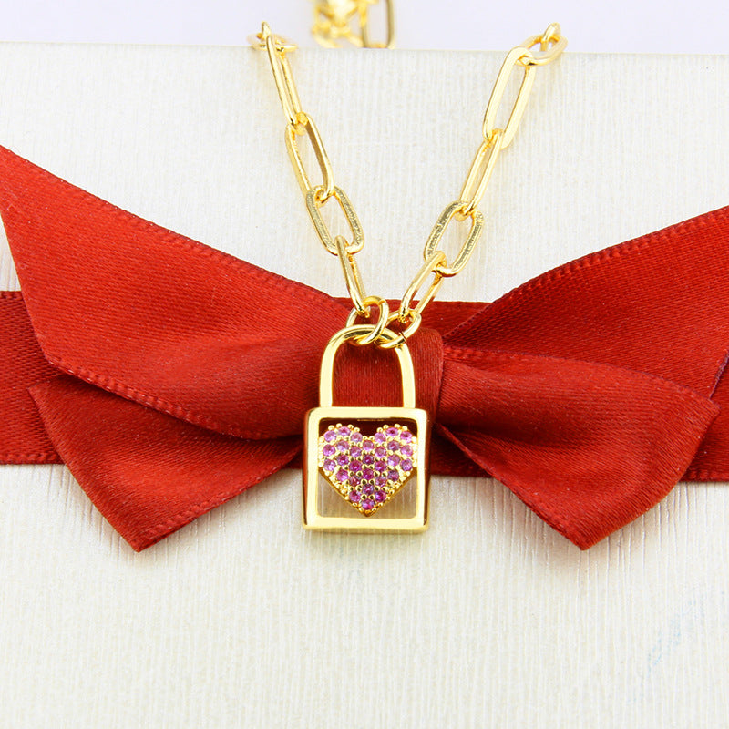 5pcs/lot CZ Paved Red Heart Lock Necklace Necklaces Love & Heart Necklaces Charms Beads Beyond