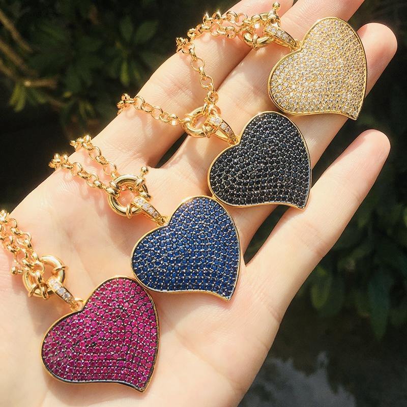 4pcs/lot 36*31mm CZ Paved Heart Necklace Mix Colors Necklaces Love & Heart Necklaces Charms Beads Beyond