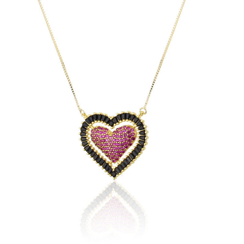5pcs/lot CZ Paved Heart Necklace Fuchsia + Black Necklaces Love & Heart Necklaces Charms Beads Beyond