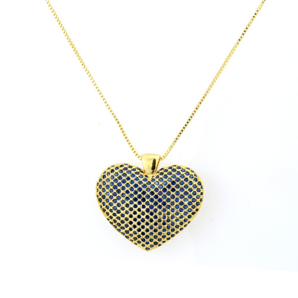 5pcs/lot CZ Paved Heart Necklace Blue on Gold Necklaces Love & Heart Necklaces Charms Beads Beyond