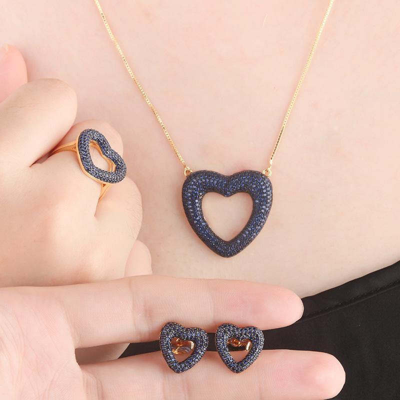 2 Sets/lot CZ Paved Heart Necklace + Earring + Ring Set Blue CZ on Gold Necklaces Love & Heart Necklaces Charms Beads Beyond