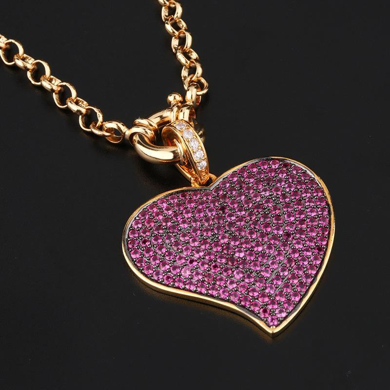 4pcs/lot 36*31mm CZ Paved Heart Necklace Fuchsia CZ on Gold Necklaces Love & Heart Necklaces Charms Beads Beyond