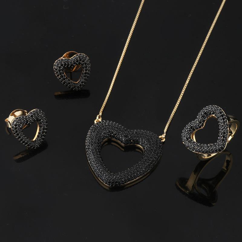2 Sets/lot CZ Paved Heart Necklace + Earring + Ring Set Black CZ on Gold Necklaces Love & Heart Necklaces Charms Beads Beyond