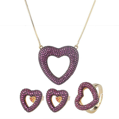 2 Sets/lot CZ Paved Heart Necklace + Earring + Ring Set Necklaces Love & Heart Necklaces Charms Beads Beyond