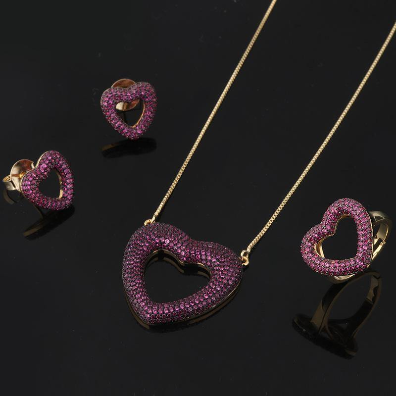 2 Sets/lot CZ Paved Heart Necklace + Earring + Ring Set Red CZ on Gold Necklaces Love & Heart Necklaces Charms Beads Beyond
