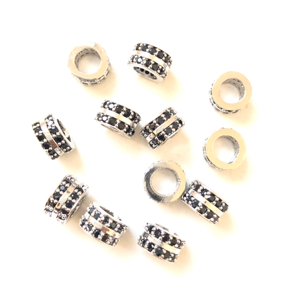 20pcs/lot 8.5*5.2mm Black CZ Paved Wheel Rondelle Spacers Silver CZ Paved Spacers Rondelle Beads Charms Beads Beyond