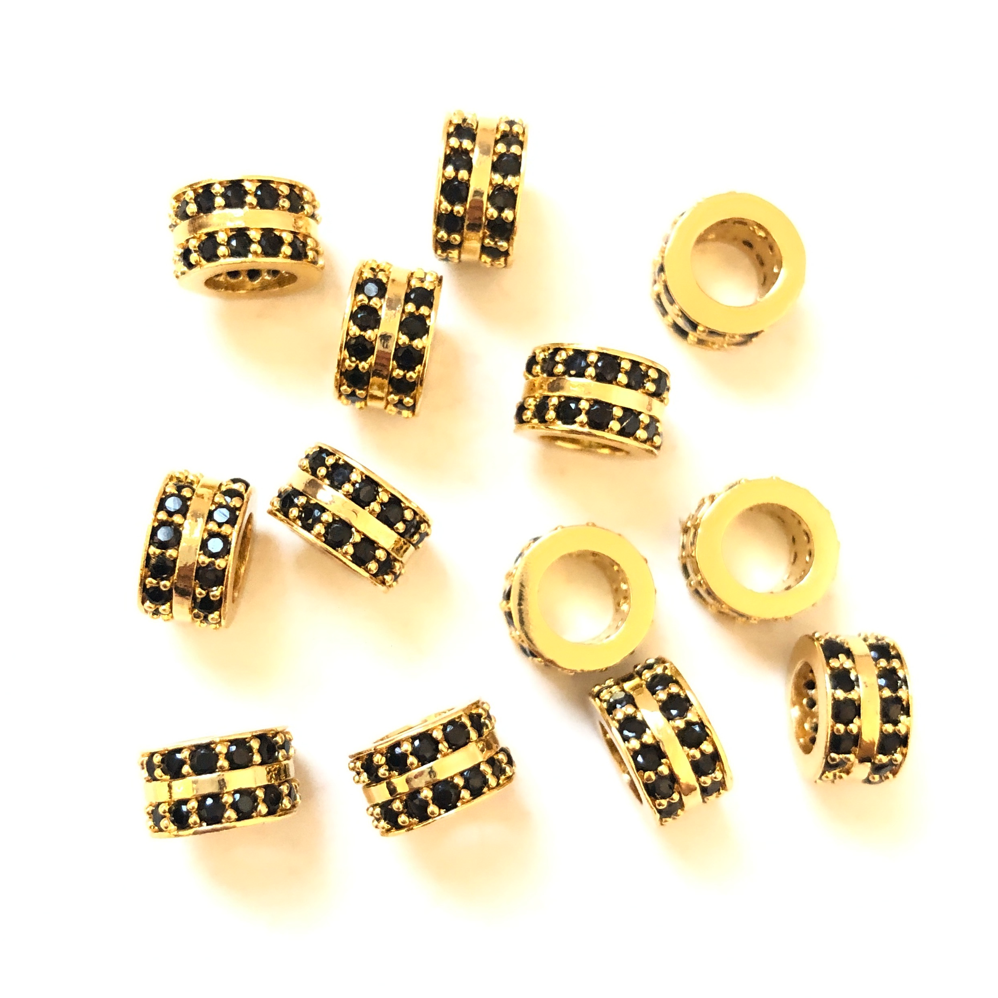 20pcs/lot 8.5*5.2mm Black CZ Paved Wheel Rondelle Spacers Gold CZ Paved Spacers Rondelle Beads Charms Beads Beyond