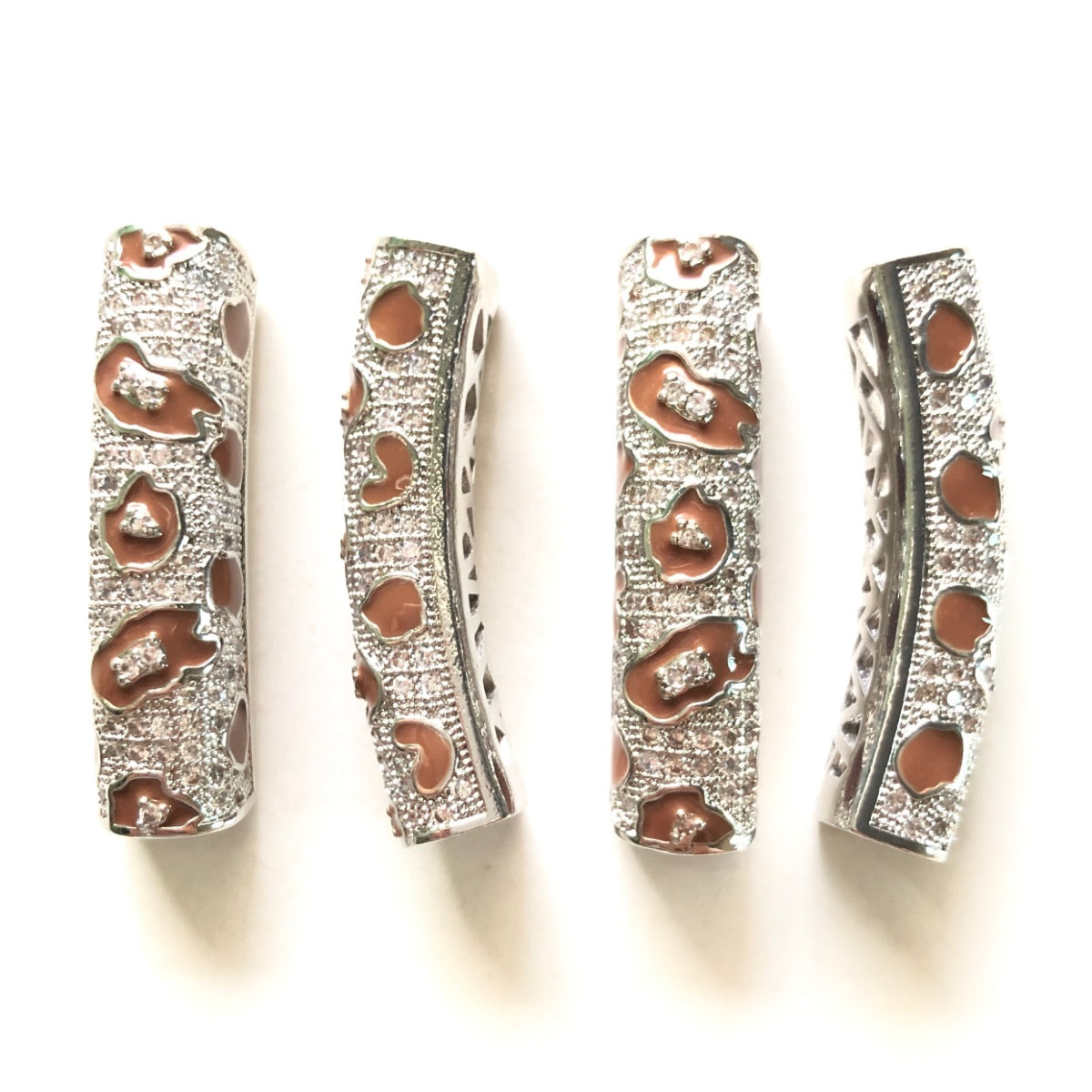 5-10pcs/lot 37.7*9mm Brown Enamel Leopard Print CZ Paved Tube Bar Spacers Silver CZ Paved Spacers Leopard Printed New Spacers Arrivals Tube Bar Centerpieces Charms Beads Beyond