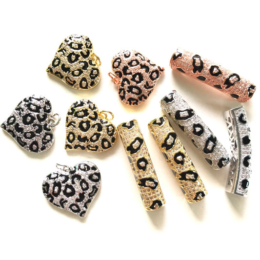 5 Black Leopard Print Heart Charms + 5 Tube Bar Spacers Bundle Set 5 Hearts + 5 Bars in Mix Colors CZ Paved Charms Leopard Printed Mix Charms Charms Beads Beyond