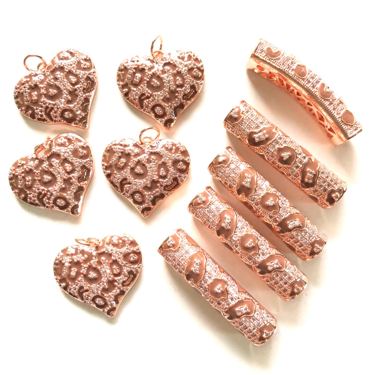 5 Brown Leopard Print Heart Charms + 5 Tube Bar Spacers Bundle Set 5 Hearts + 5 Bars in Rose Gold CZ Paved Charms Leopard Printed Mix Charms Charms Beads Beyond