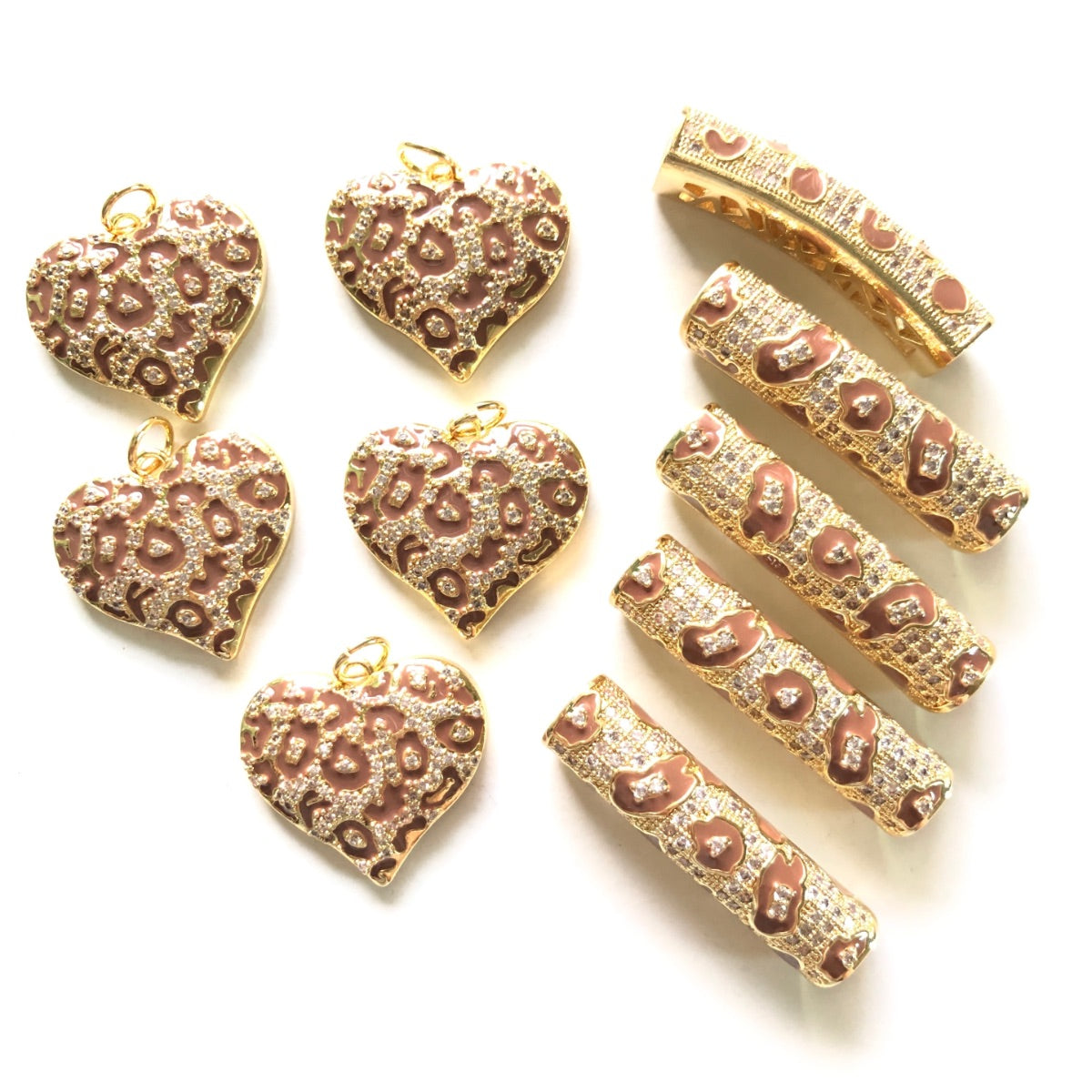 5 Brown Leopard Print Heart Charms + 5 Tube Bar Spacers Bundle Set 5 Hearts + 5 Bars in Gold CZ Paved Charms Leopard Printed Mix Charms Charms Beads Beyond