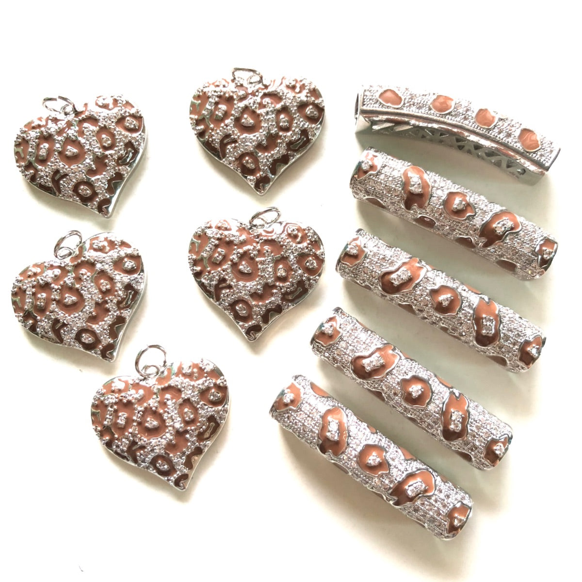 5 Brown Leopard Print Heart Charms + 5 Tube Bar Spacers Bundle Set 5 Hearts + 5 Bars in Silver CZ Paved Charms Leopard Printed Mix Charms Charms Beads Beyond