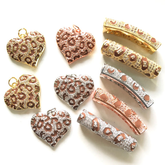 5 Brown Leopard Print Heart Charms + 5 Tube Bar Spacers Bundle Set 5 Hearts + 5 Bars in Mix Colors CZ Paved Charms Leopard Printed Mix Charms Charms Beads Beyond