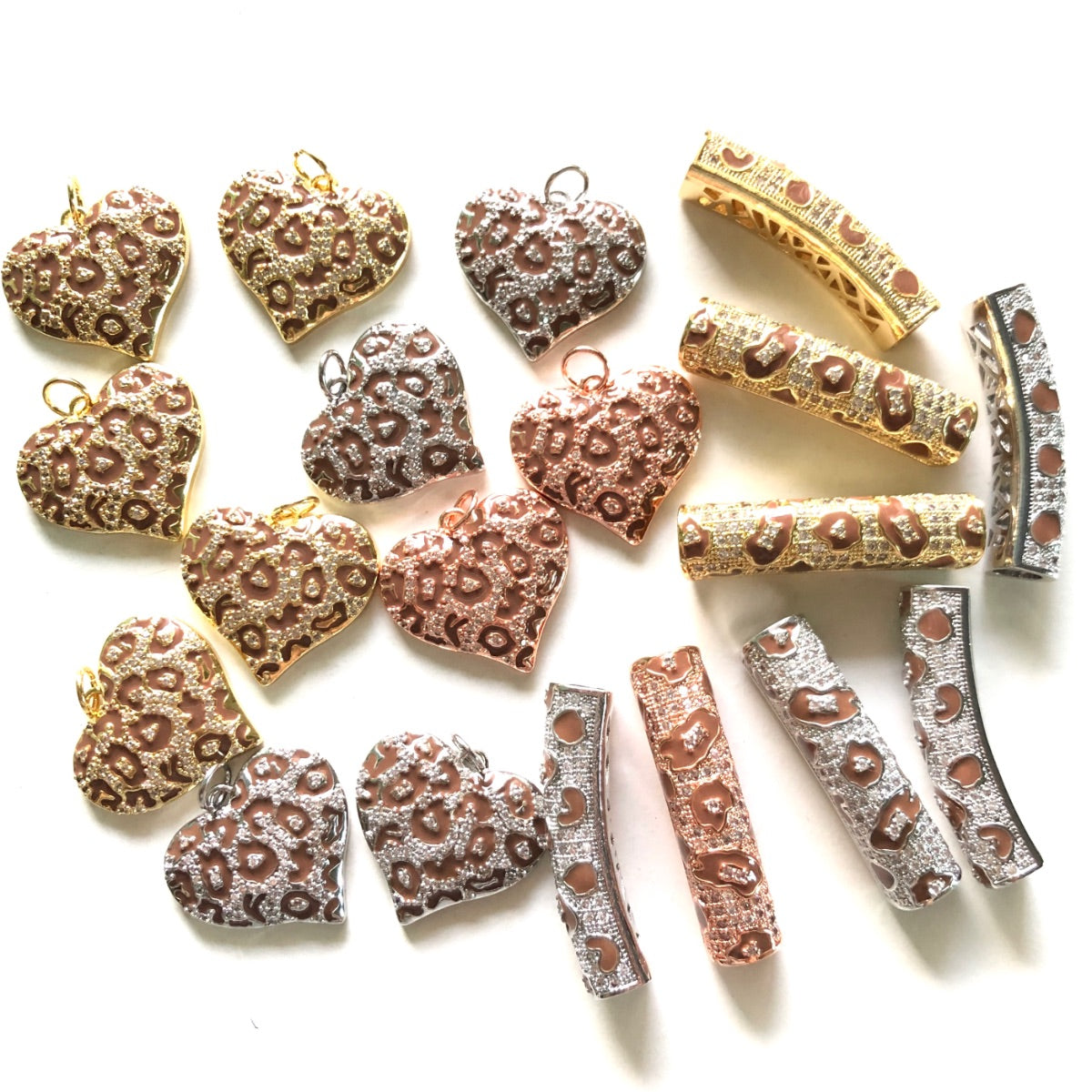 5 Brown Leopard Print Heart Charms + 5 Tube Bar Spacers Bundle Set CZ Paved Charms Leopard Printed Mix Charms Charms Beads Beyond